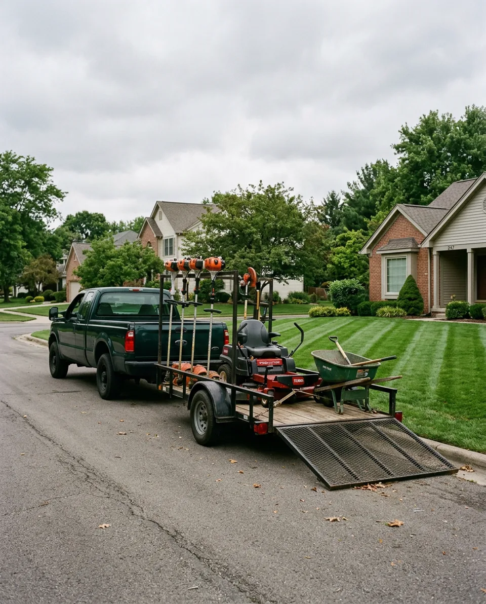 Buenavista's work truck and trailer loaded with mowers and trimmers at a job site
