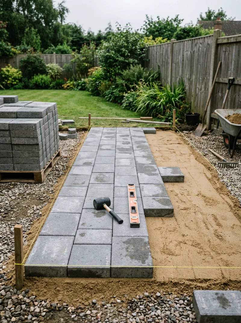 Backyard paver patio mid-installation with mallet and level